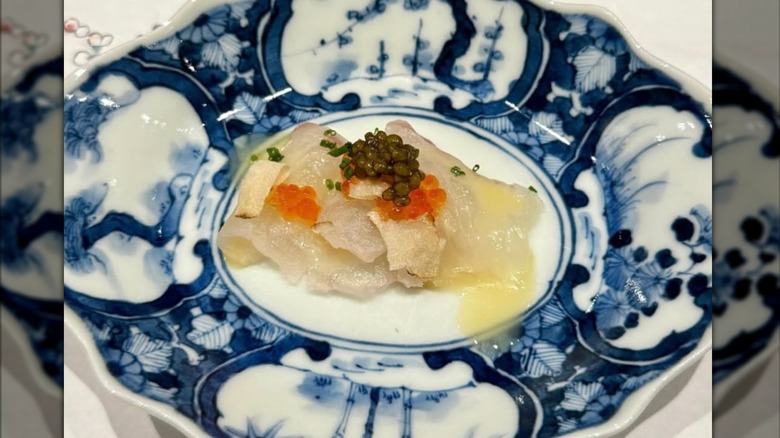 Ornate dish with fresh fish from Kame Omakase