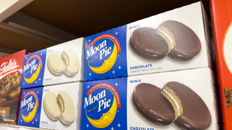 MoonPie packages on grocery store shelf.