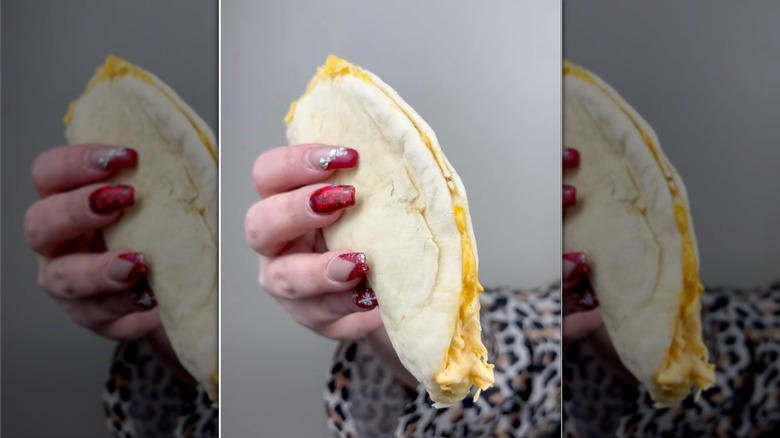 Hand holding 3 cheese chicken flatbread melt