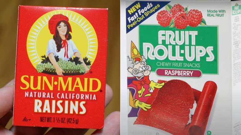 A box of Sun-Maid Raisins next to a vintage Fruit Roll-Up box