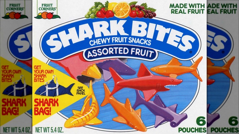 A box of Shark Bites fruit snacks made by Fruit Corners