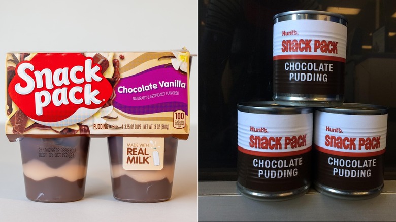 Retro tin can packaging of Hunt's Snack Pack chocolate pudding next to the plastic packaging