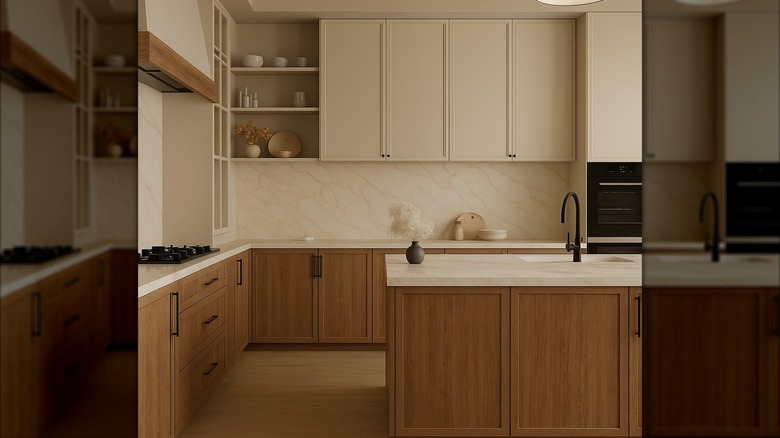 Calm kitchen with wooden lower cabinets, stone countertops, and cream beige upper cabinets.