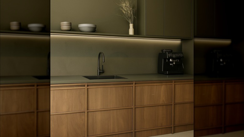 Kitchen sink area with wooden lower cabinets and olive green upper elements.