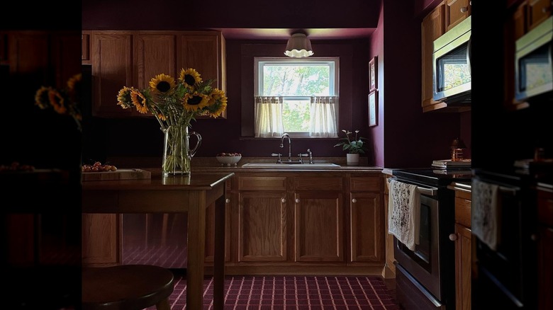 A dark kitchen with plum purple walls and dark wooden cabinetry.