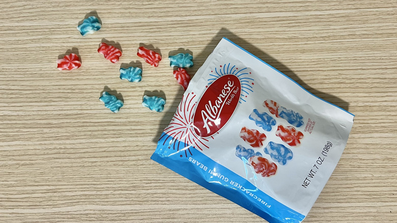 Albanese Firecracker gummy bears coming out of bag.