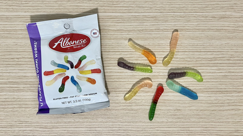 Albanese mini gummi worms in circle shape.