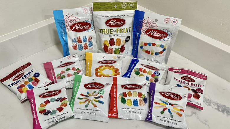 12 different kinds of Albanese gummy candies.