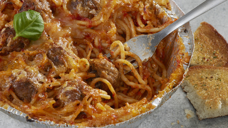 Spaghetti and meatballs in a dish