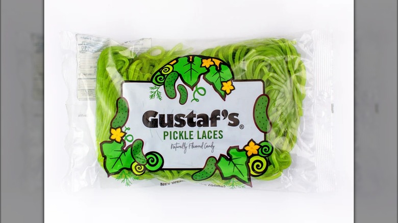 Plastic bag of Gustaf's Pickle Laces pickle flavored string licorice