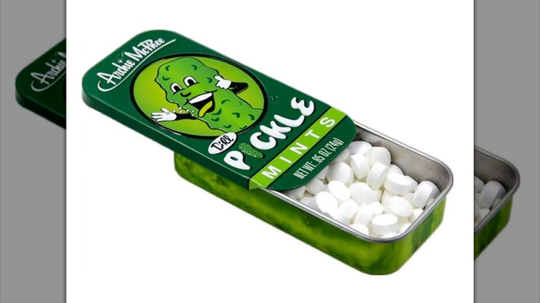 Tin of Archie McPhee Dill Pickle Flavored Mints on white background