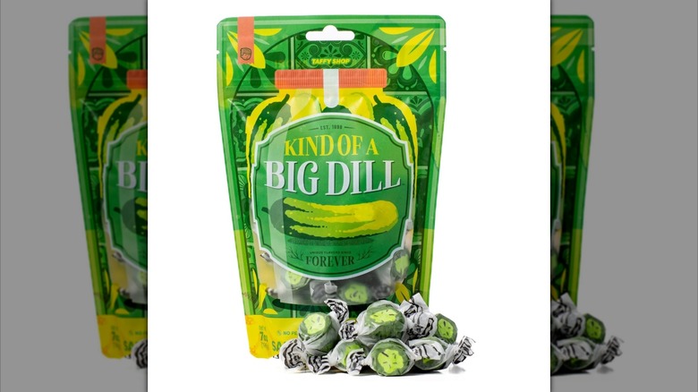 Bag of Taffy Shop Kind Of a Big Dill Salt Water Taffy next to individually wrapped taffy candies