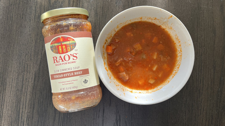 Rao's Tuscan style beef soup in a bowl.