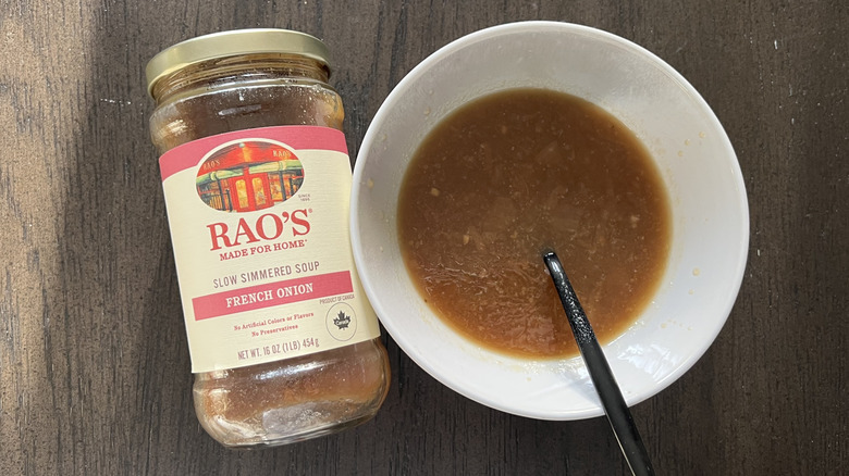 Rao's French onion soup in a bowl.