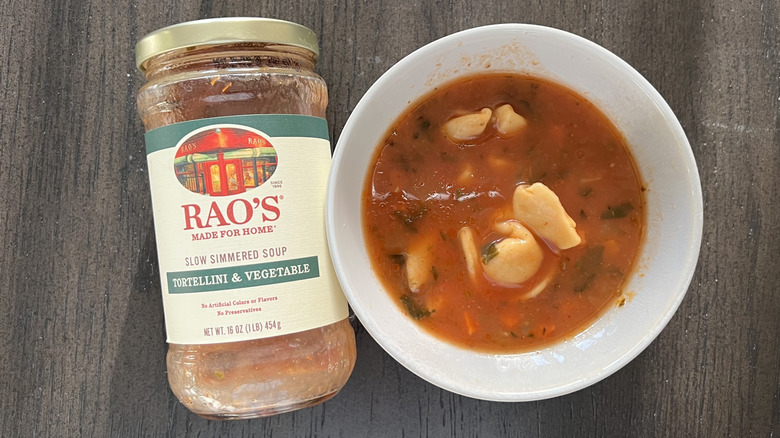 Rao's tortellini and vegetable soup in a bowl.