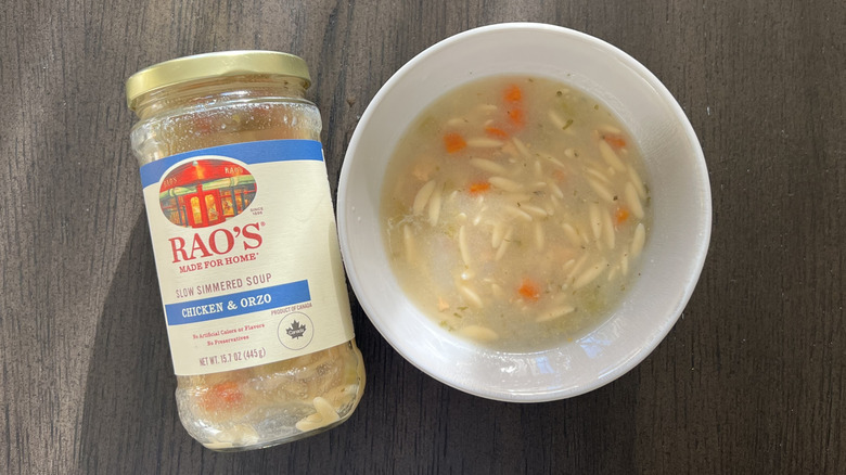 Rao's chicken and orzo soup in a bowl.