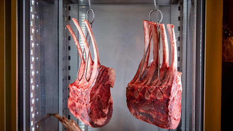 Pieces of beef rib roast aging in a chamber
