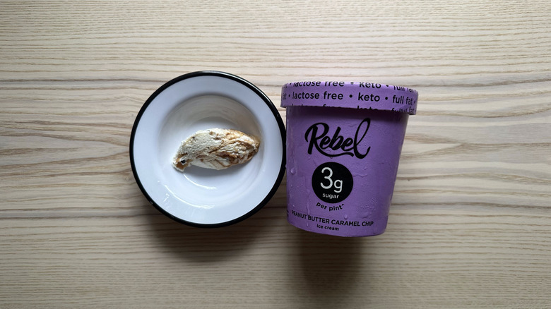 Rebel Peanut Butter Caramel Chip ice cream in white bowl