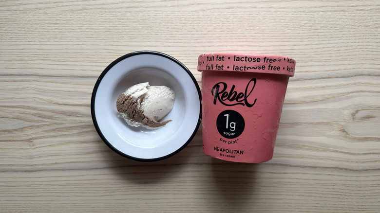 Rebel Neapolitan ice cream in white bowl