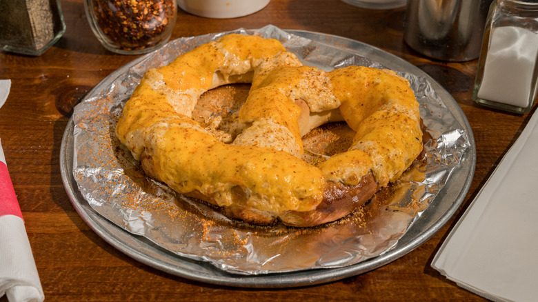 Maryland-style soft pretzel with crab dip