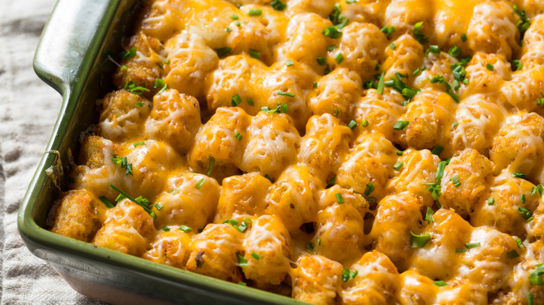 Close-up of tater tot hotdish casserole