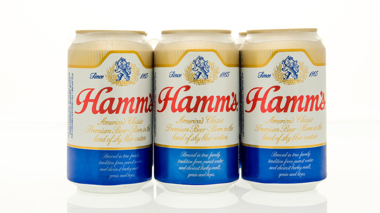 A six pack of Hamm's beer posed in front of a plain white background