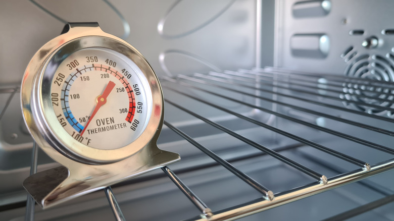 Close-up of oven thermometer in empty oven