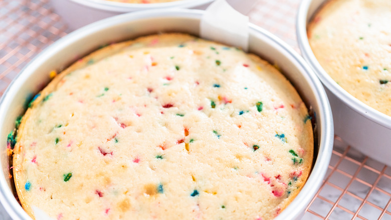 Confetti cake in light-colored pan
