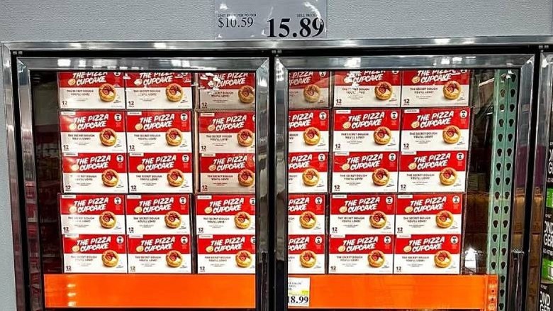 Image of a freezer packed with boxes of The Pizza Cupcake