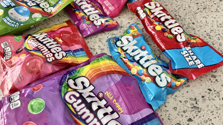 Various types of Skittles close up