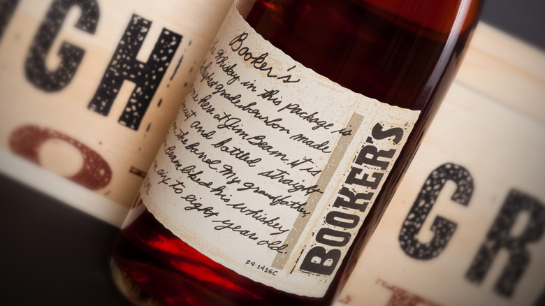A close up of a bottle of Booker's bourbon, showcasing the writing on the label