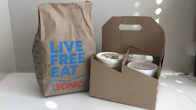Bag of Sonic food and drink carrier with Sonic drinks