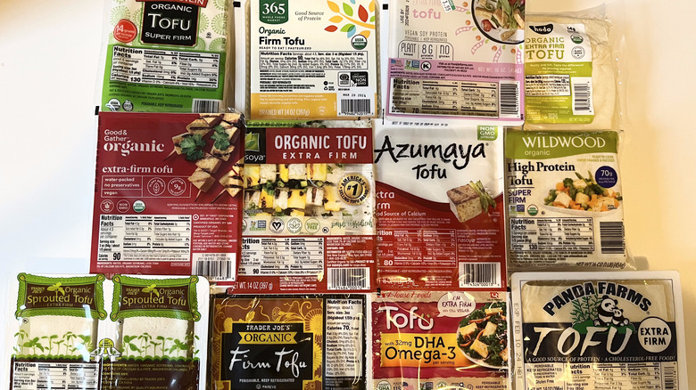 Tofu products on white background