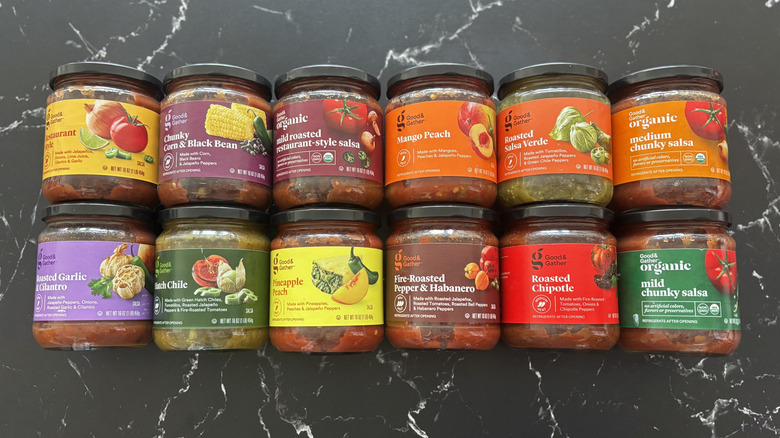 Various Target Good & Gather jarred salsas on countertop