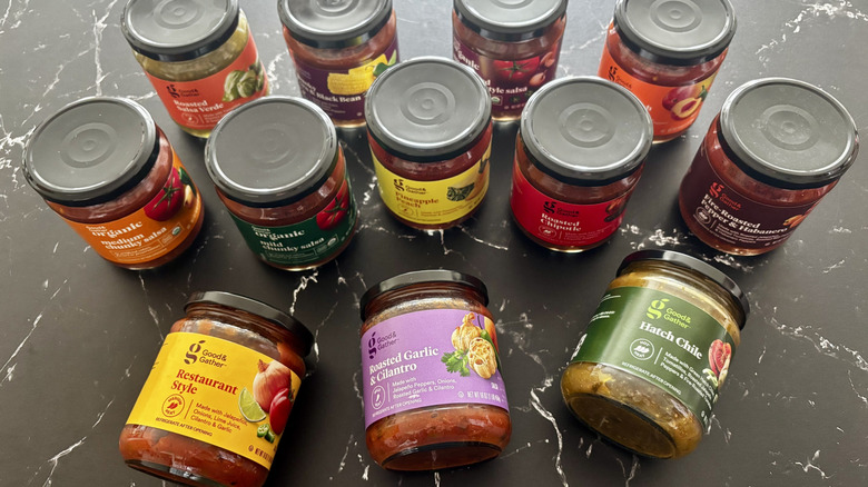 Various Target Good & Gather jarred salsas on countertop