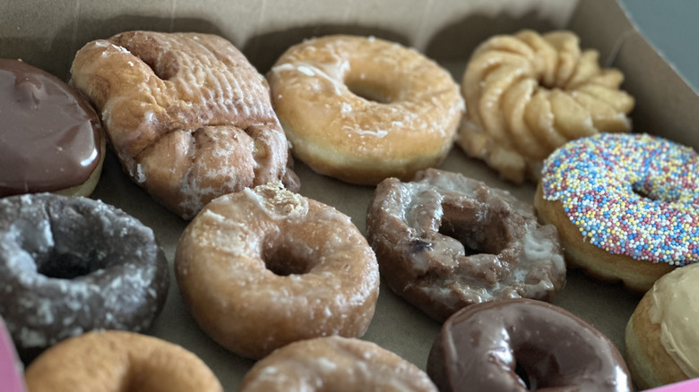 Box of 12 Tim Hortons donuts taken on angle