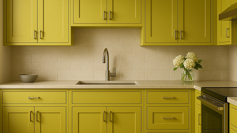 Bold chartreuse cabinets in a beige kitchen