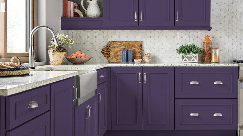 dark purple painted cabinets in a nicely decorated kitchen