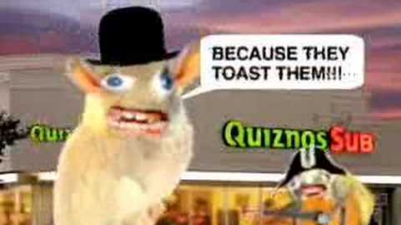 Screenshot of Spongmonkeys with speech bubble saying "because they toast them" in front of Quiznos