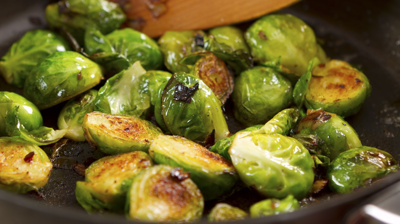 Roasted brussels sprouts in pan