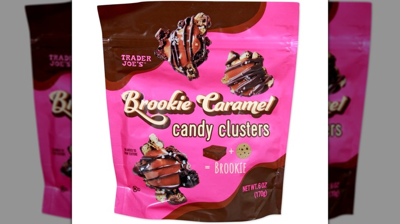 A bag of Trader Joe's Brookie Caramel Candy Clusters on a white background
