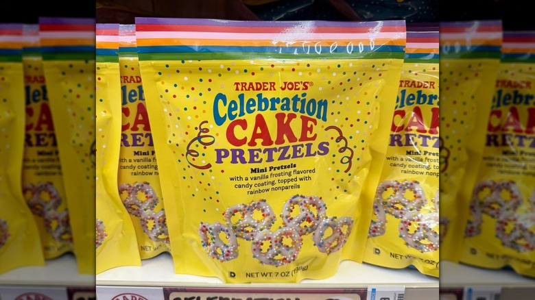 A bag of Trader Joe's Celebration Cake Pretzels on a store display