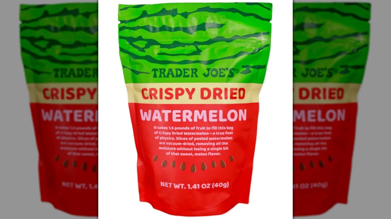 A bag of Trader Joe's Crispy Dried Watermelon on a white background