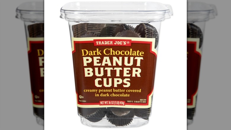Trader Joe's Dark Chocolate Peanut Butter Cups on a white background