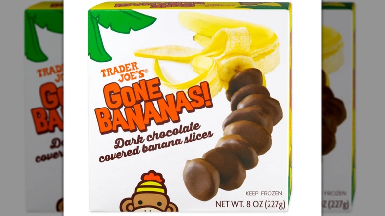 A box of Trader Joe's Frozen Dark Chocolate Covered Bananas on a white background