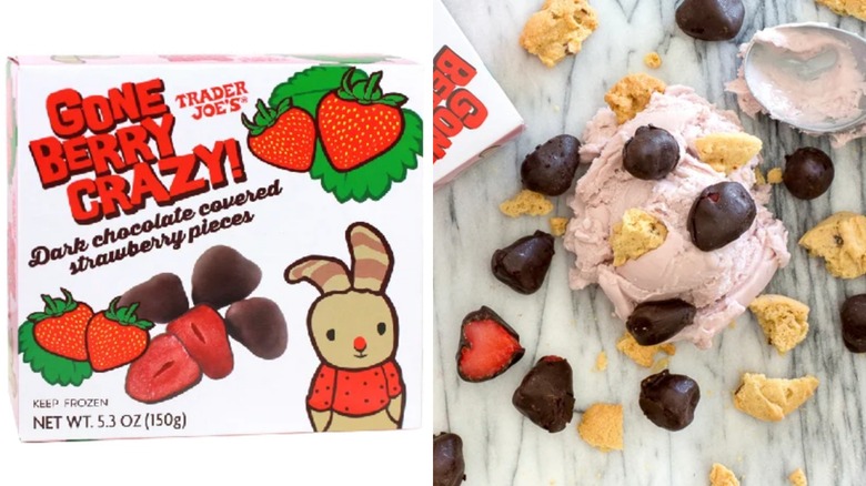 Side-by-side photos of a box of Trader Joe's Frozen Dark Chocolate Covered Strawberries on a white background and a scoop of strawberry ice cream with toppings on a marble table