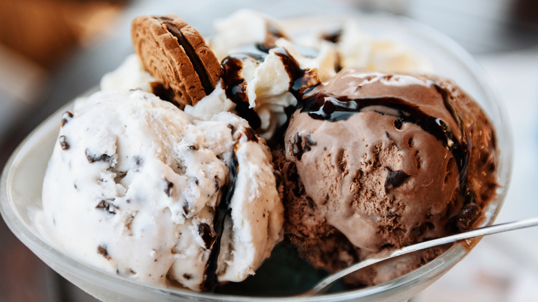 Bowl of ice cream with fudge and cookies