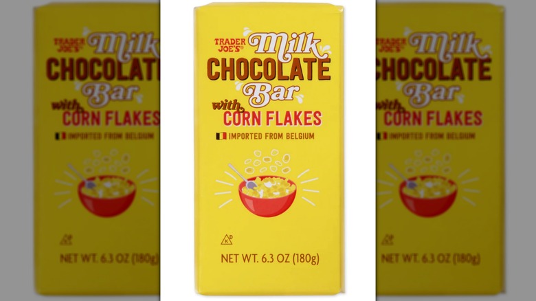 A Trader Joe's Milk Chocolate Bar with Corn Flakes on a white background