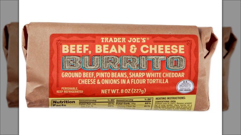 Wrapped Trader Joe's Beef, Bean & Cheese Burrito on white background
