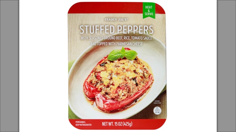 Box of Trader Joe's Stuffed Peppers on white background